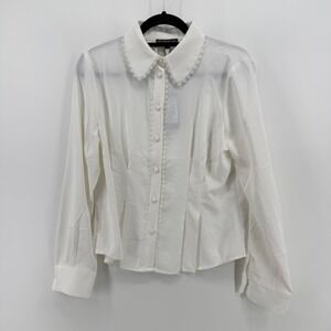 Adrianna Papell Blouse Womens M Ivory White Polyester Lace Trim Rose Button